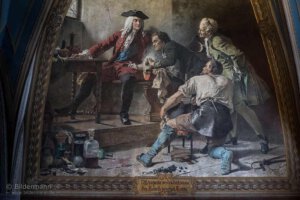 August der Starke lässt sich im Jahre 1710 von Johann Friedrich Böttge die Herstellung von Hartporzellan vorführen